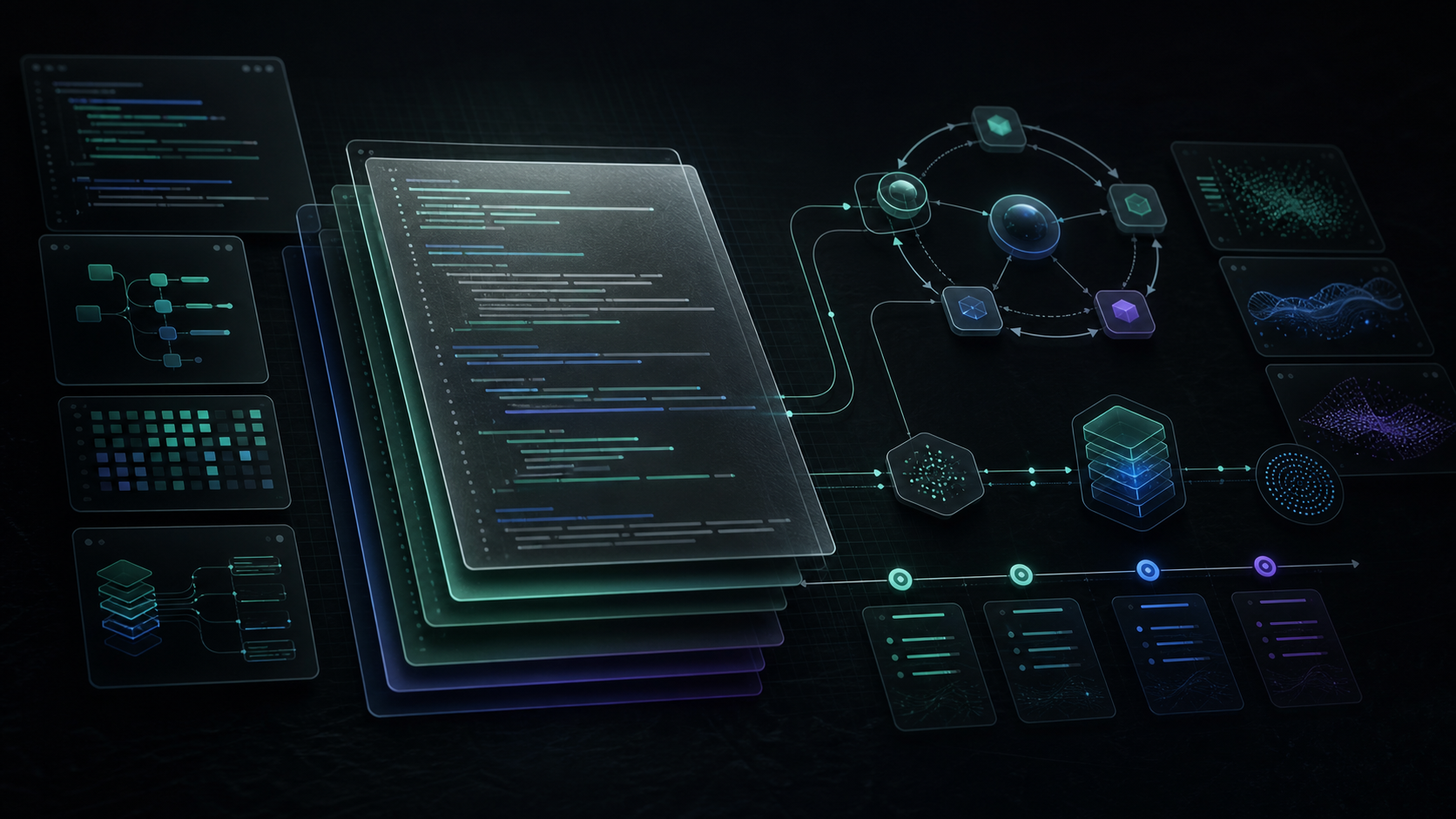 Dark liquid-glass technical writing surface with essay cards, abstract code fragments, and agent-loop traces.
