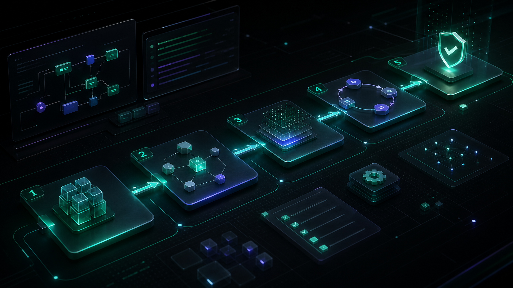 Dark liquid-glass tutorial workflow with guided setup cards, implementation steps, and verification checkpoints.